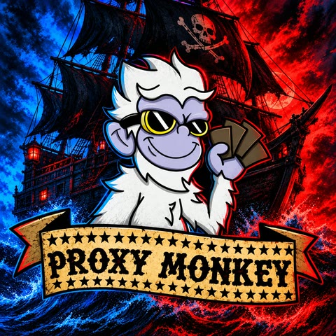 The Proxy Monkey logo: a white monkey in sunglasses holding a fan of cards, in front of a pirate ship on a stormy sea, with a Proxy Monkey banner across the bottom.